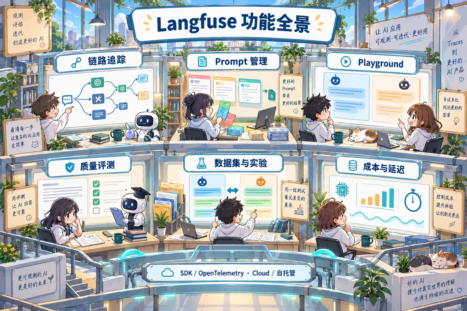 Langfuse 功能全景:动漫实验室中的六个工作区,分别展示链路追踪、Prompt 管理、Playground、质量评测、数据集与实验、成本与延迟。